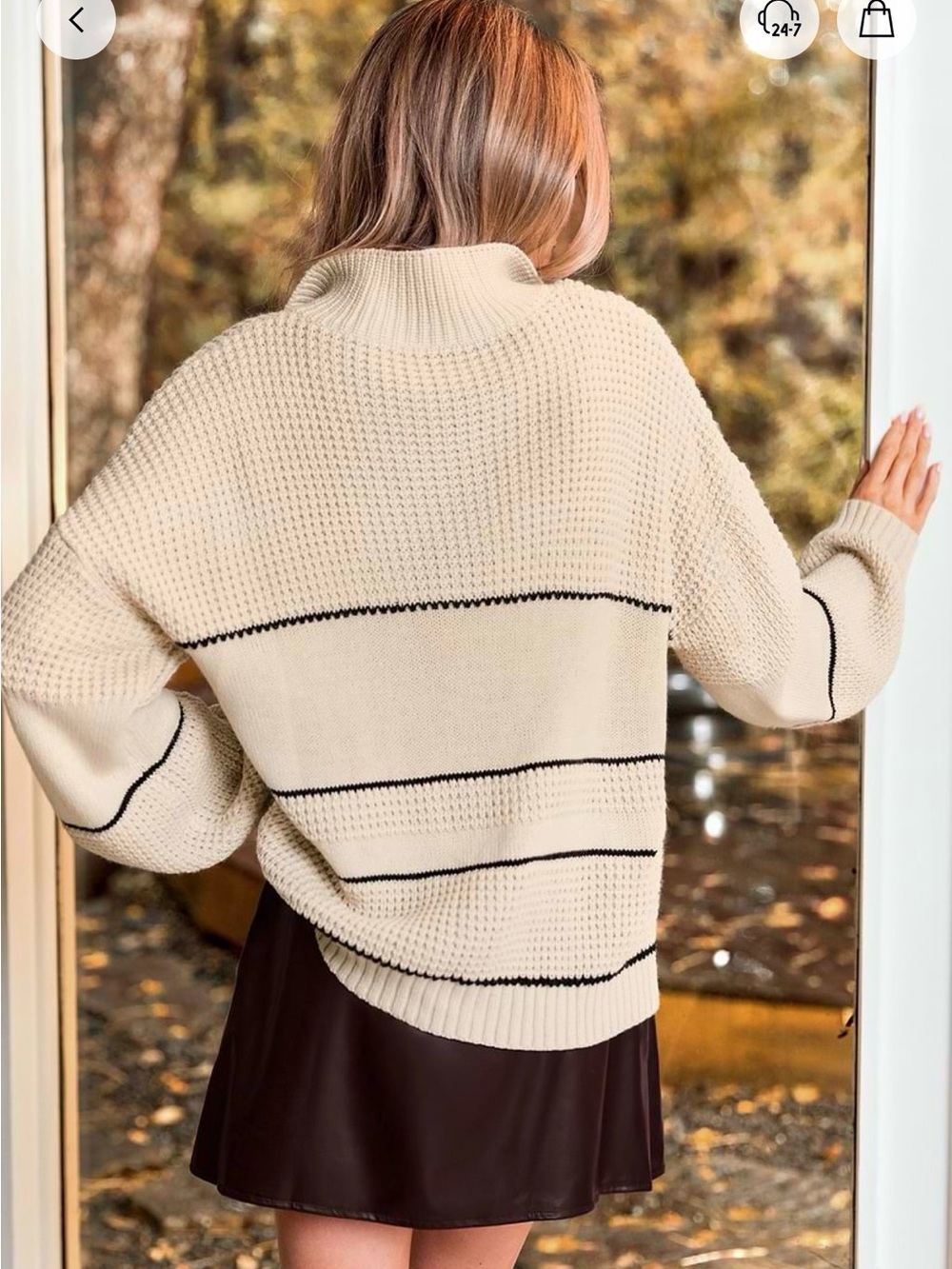 Cupshe Cream Knit Collared Button Cowl Sweater with Black Stripes - Picture 2 of 5